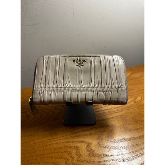 Prada Beige Leather Long Zip Wallet w/Ruching Detail - Picture 1 of 10